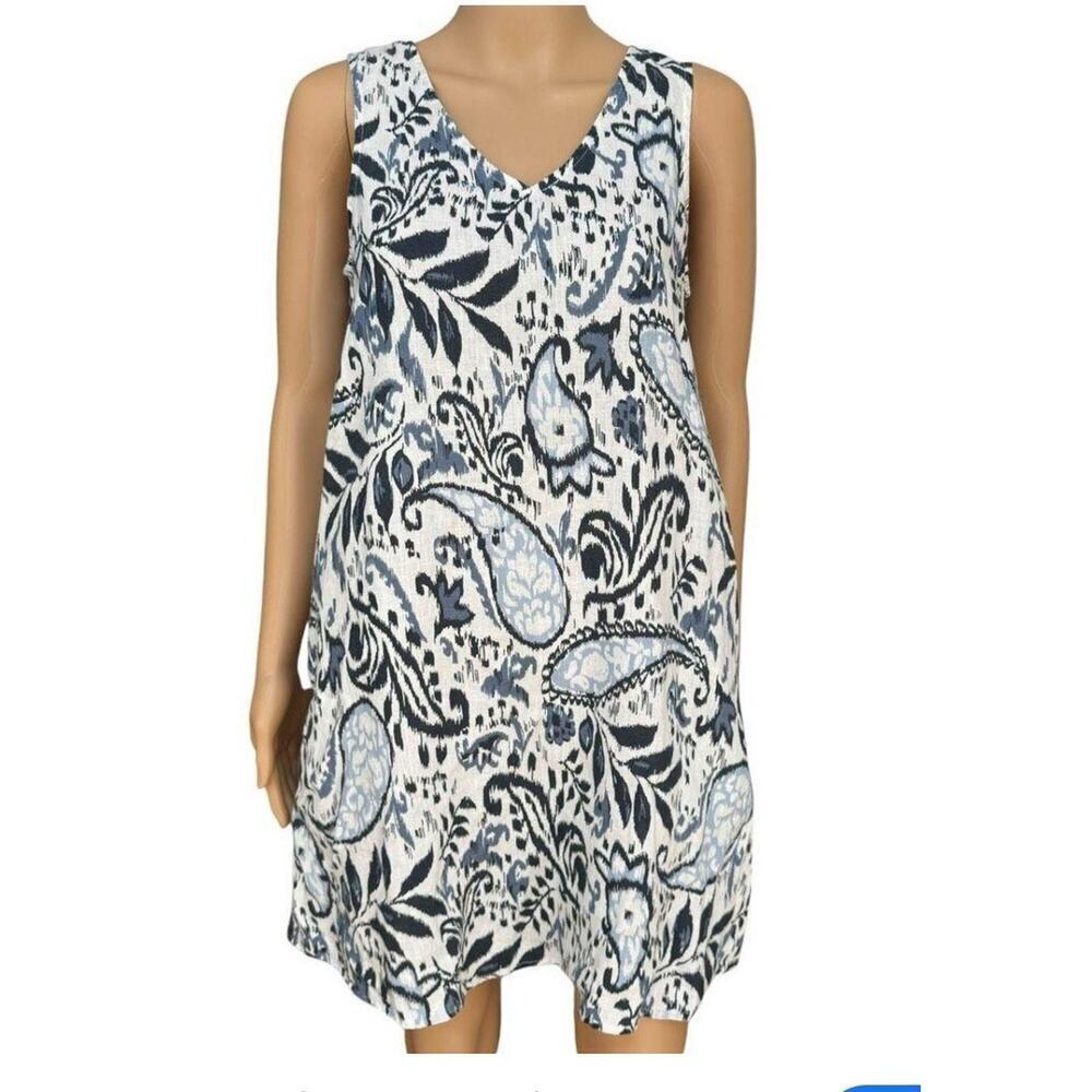 Lucky Brand 100% Linen A-line Dress Size M White Blue Paisley Sleeveless 1859